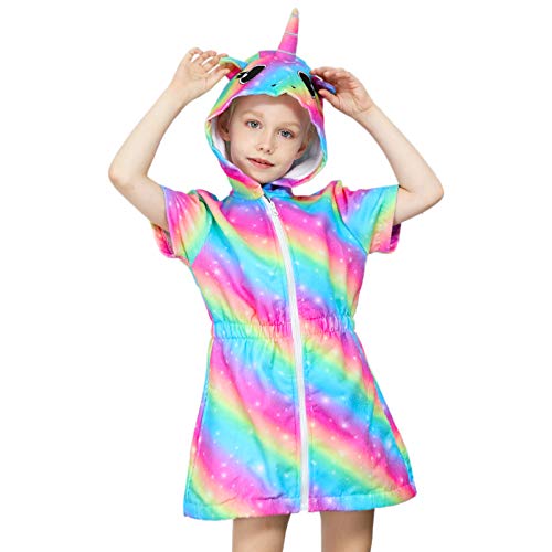 Sylfairy Unicorn Cover Up for Girls Terry Swim Cover Ups Hooded Terry Kids Cover Up Bathing Suit Beach Dress (Rainbow Unicorn, 6-7Years)