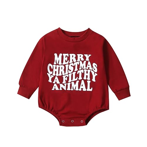 My First Christmas Baby Girl Boy Outfit Newborn Fall Winter Onesie Bubble Romper Oversized Sweatshirt Clothes (F Merry Christmas Wine Red, 6-12 Months)