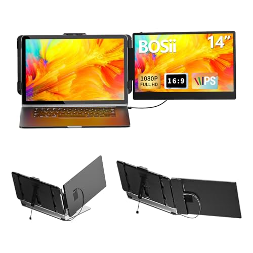 BOSII Laptop Screen Extender Monitor - 14 Inch Portable IPS FHD 1080P HDMI/USB-A/Type-C Extended Monitor for Laptops (Maximum Length: 15.74') Compatible with Windows Mac Travel Gaming Work