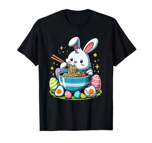 Anime Easter bunny eating ramen noodles with Easter eggs T-Shirt
