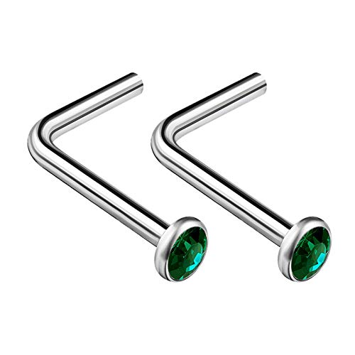 BanaVega 2PCS Surgical Steel L Shaped Nose Ring 18g 1mm 7mm Flesh Nostril Screw Emerald Crystal Stud Piercing Jewelry 1294