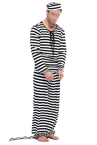 NewDong Adult Striped Prisoner Costume Black White Long Sleeved Uniform Cosplay for Mens (Medium, Style1)