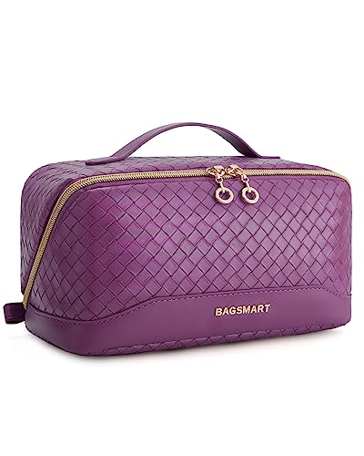 BAGSMART Makeup Bag Cosmetic Bag, Travel Makeup Bag, PU leather Makeup Bags for Women Portable Water-resistent Pouch Open Flat Make Up Organizer Bag for Toiletries, Brushes, PU Leather Purple