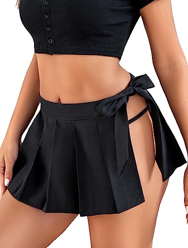 ADOME Women Lingerie Role Play Pleated Side Lace up Schoolgirl Mini Skirt Black Medium