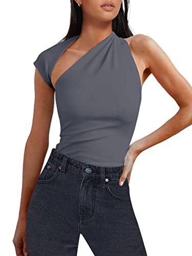 SOFIA'S CHOICE Women's One Shoulder Top Asymmetrical Neck Cut Out Backless Going Out Tops T Shirt Grey Large
