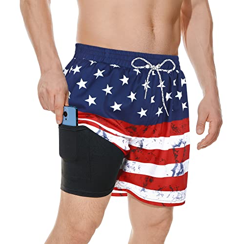 Mens Swim Trunks 4TH of July Mens Swimming Trunks with Compression Liner Board Shorts Swimwear American Flag M