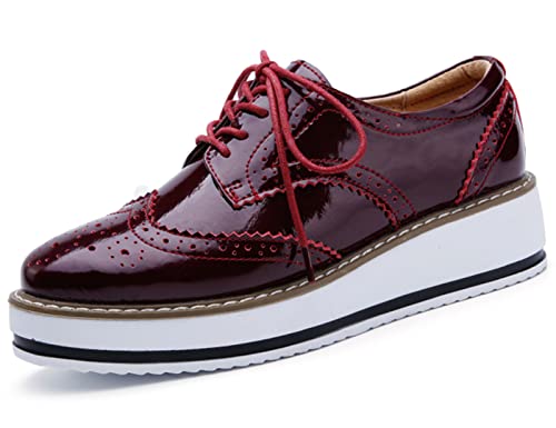 DADAWEN Women's Platform Lace-Up Wingtips Square Toe Oxfords Shoe Red US Size 9.5/Asia Size 42/26cm