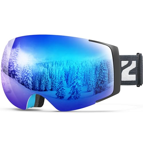 ZIONOR X4 Ski Goggles Magnetic Lens - Snowboard Goggles for Men Women Adult - Snow Goggles Anti-fog UV Protection (VLT 13.67% Blue Frame Revo Blue Lens)