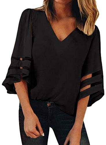 BLENCOT Womens 3/4 Bell Sleeve Fashion V Neck Lace Patchwork Blouse Casual Loose Shirt Tops Black, Large