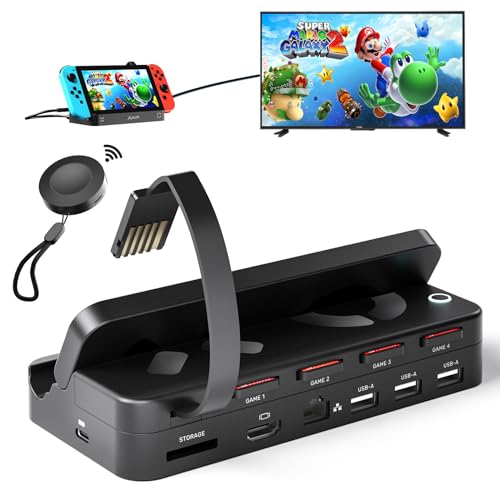 Alxum Nintendo Switch Game Card Reader with Remote Control - HDMI 4K30HZ Switch TV Docking Station Equipped with Gigabit Ethernet USB2.0 HUB*3 PD 3.0 Type C Charging, Portable Switch Game Switcher Set