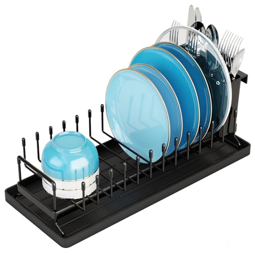 ANTOPY Small Dish Drying Rack - Compact Dish Rack for Kitchen Counter with Silicone Dish Drying Mat, Stainless Steel Dish Drainer for Kitchen Sink Cabinet, Space Saving Plate Rack Cutlery Holder