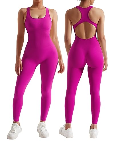 RXRXCOCO Women Backless One Piece Jumpsuits Sleeveless Scoop Neck Bodycon Romper Seamless Workout Athletic Yoga Jumpsuits Dragon Fruit Medium