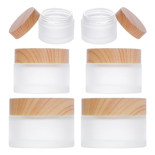 Miayon 6Pcs Glass Cosmetic Container with Wood Grain Lid Refillable Cosmetic Jar Frosted Glass Cream Container with Leak-proof Lid Empty Sample Jar for Makeup,Lotion,Eye Creams,Scrub Cream,Home Travel