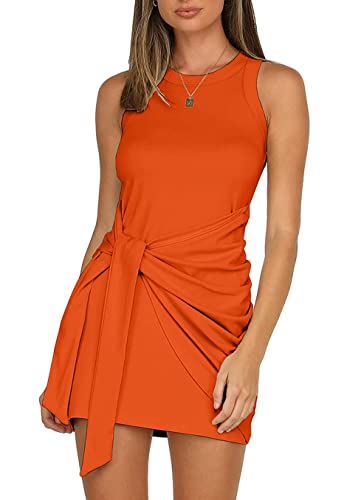 LIYOHON Women's Summer Casual Beach Dress Sleeveless Ruched Tie Tank Bodycon Wrap Mini Dresses Orange-M