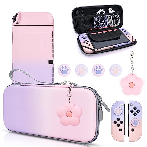 DLseego Pink & Purple Switch OLED Case Gradient Carrying Case with 10 Slots Cute Protective Dockable Hard Shell with 4PCS Glitter Cat Paw Thumb Grips Caps and 1PC Flower Blossom Chain for Switch 2021