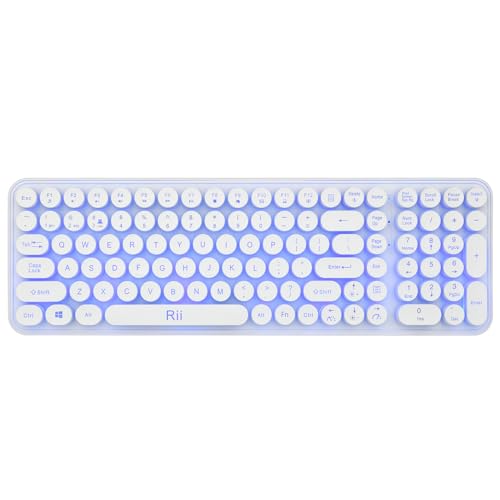 Rii Wireless Typewriter Style Gaming Keyboard, Multi-Device Connections（USB + Dual BT+2.4G） 7-Color RGB Backlit, 105 Retro Punk Round Keys Keyboard, for Windows/Mac/PC/iOS/Android，White（RK906）