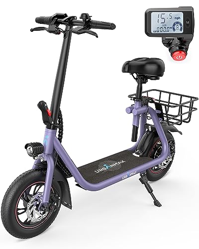 URBANMAX C1 Electric Scooter with Seat, 450W Powerful Motor up to 22 Miles Range, Foldable Electric Scooter for Adults Max Speed 15.5 Mph, Electric Scooter for Commuting with Basket, Purple