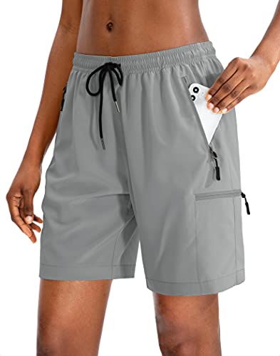 SANTINY Women's Hiking Cargo Shorts Quick Dry Lightweight Summer Shorts for Women Travel Athletic Golf with Zipper Pockets(Light Grey_L)