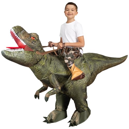 Spooktacular Creations T-Rex Inflatable Costume for Kids, Funny Air Blow Up Costumes, Digital Printing Ride-On Dinosaur Costumes for Halloween Costume Parties, Green