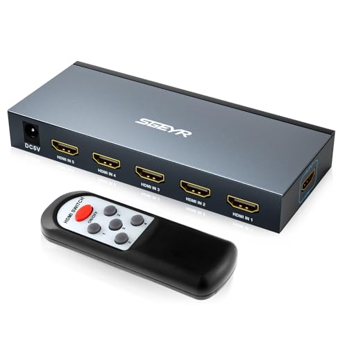 HDMI Switch SGEYR 5x1 HDMI Switcher 5 in 1 Out HDMI Switch Selector 5 Port Box with IR Remote Control HDMI 1.4 HDCP 1.4 Support 4K@30Hz Ultra HD 3D 2160P 1080P(Grey)
