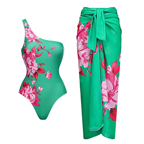 Todays Daily Deals Women's One Piece Swimsuit with Matching Swim Long Skirt Sexy One Shoulder Push up Bathing Suits Two Pieces Bikini Set trajes de ba?o para Mujer Green