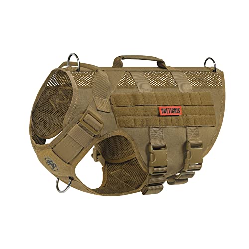 OneTigris No Pull Tactical Dog Harness for Medium Dog, Aire Mesh Dog Vest Harness, Breathable Military Dog Molle Vests with Handles, Service Dog Vest for Walking Hiking Training (L, Brown)