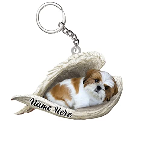 Gold White Shih Tzu Personalized Dog Sleeping In White Angel Wings Acrylic Keychain, Gift For Shih Tzu Dog Lovers, Shih Tzu Dog Decorative 2-Sided Keychain, Keychain for Bag Wallet Car Accessories