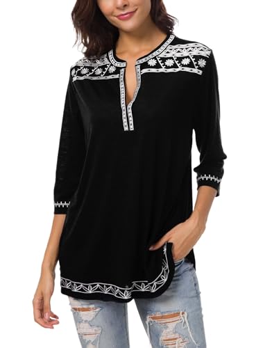 Urban CoCo Women's 3/4 Sleeve Boho Shirts Embroidered Peasant Top (L, Black)