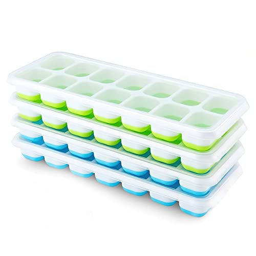 Ice Cube Trays 4 Pack, Airabc Silicone with Removable Lid, Easy-Release Flexible 14-cube Trays, LFGB Certified and BPA Free, Stackable Covers for Cocktail, Freezer