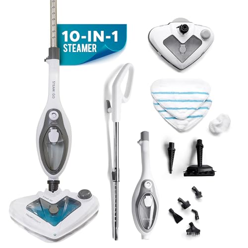 Steam and Go 10-in-1 Steam Mop - Floor Steamer with Detergent Chamber and Detachable Handle for Tile Grout, Clothes, Furniture, Hardwood, Upholstery, & Carpet, Handheld Steam Cleaner for Home Use