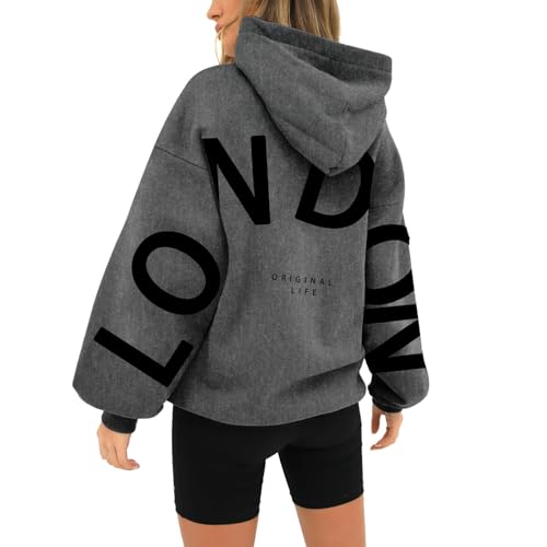 BLUBUKLKUN warehouse London Sweatshirt Hoodies for Women Long Sleeved Oversized Streetwear Printed Hoodie With Pockets Y2K (Dark Gray, XL)