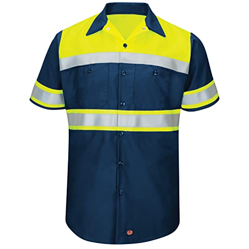 Red Kap Men's Hi-Vis SS Colorblock Ripstop Work Shirt-Type O, Class 1, Fluorescent Yellow/Navy, X-Large