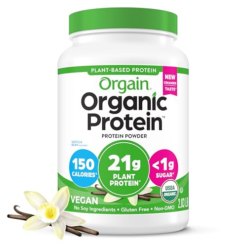 Orgain Organic Vegan Protein Powder, Vanilla Bean - 21g Plant Protein, 6g Prebiotic Fiber, No Lactose Ingredients, No Added Sugar, Non-GMO, For Shakes & Smoothies, 2.03 lb (Packaging May Vary)