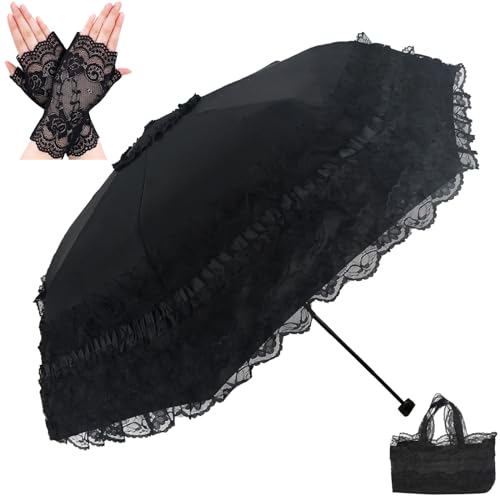 URAWESO Black Lace Parasol Goth Lolita UV Blocker Gothic Umbrella for Witch Cosplay Victorian Wedding Travel Halloween Decor (Flower Printed Lining)