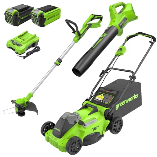 Greenworks 40V 16' Brushless Cordless (Push) Lawn Mower + Blower (350 CFM) + 13' String Trimmer (Bonus Spools), 4.0Ah + 2.0Ah Battery and Charger Included (75+ Compatible Tools)