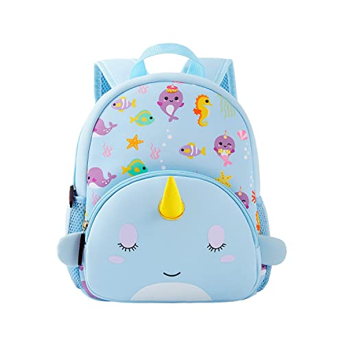 KK CRAFTS Preschool Backpack Toddler Neoprene Animal Waterproof Schoolbag Lunch backpack for Kids Boys Girls (Blue Narwhal)