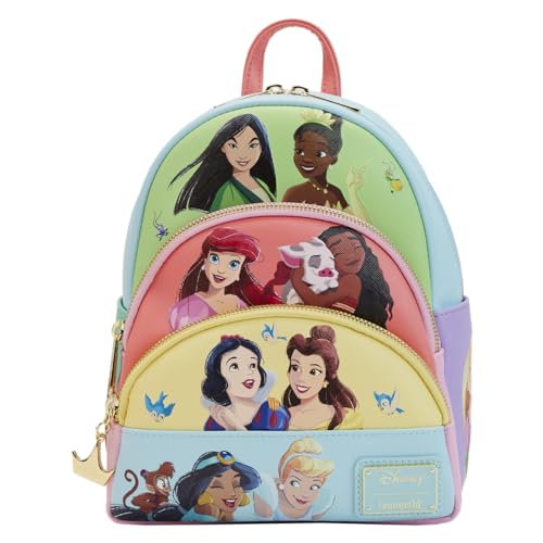 Loungefly Disney Triple Pocket Mini Backpack Princess Collage Official Mini Backpack, Blue