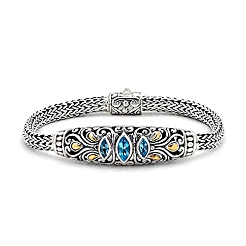 Deni Jewelry 925 Sterling Silver and 18K Gold Chain Bracelet with Blue Topaz Sky Gemstone for Women, Birthday, Engagement and Personalized Gift, Length 7 Inch - SBG161-4Bt-7