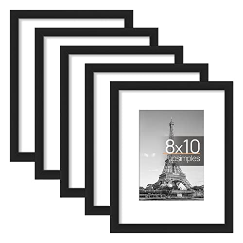 upsimples 8x10 Picture Frame Set of 5, Display Pictures 5x7 with Mat or 8x10 Without Mat, Wall Gallery Photo Frames, Black