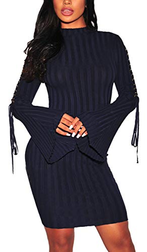 Women Sexy Midi Sweater Dress Turtleneck Long Bell-Sleeves Bandage Hollow Knit Stretchable Pencil for Party Blue