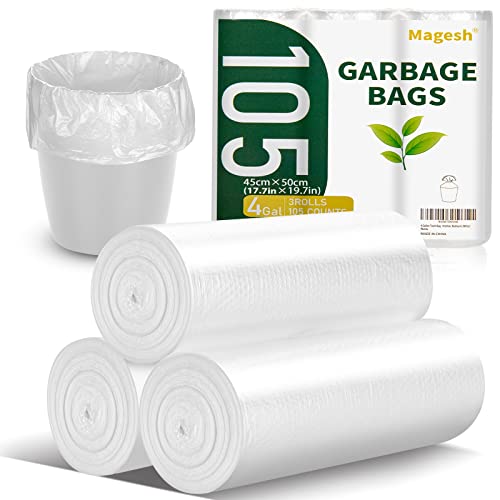 Magesh 4 Gallon Trash Bag Strong, Leakage-Free, Small Garbage Bags Unscented Thick for Bathroom, Office, Kitchen Small Trash Can, 15L, 105 Bags, Clear