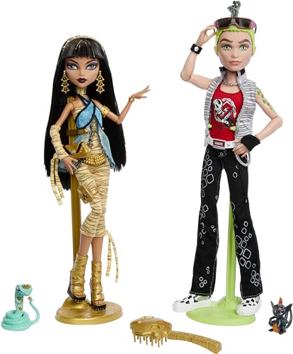 Monster High Booriginal Creeproduction Dolls Two-Pack, Cleo De Nile and Deuce Gorgon Collectible Reproductions with Doll Stands, Diaries, and Pets