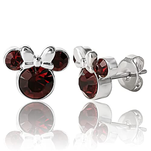 Disney Womens Minnie Mouse January Birthstone Stud Earrings - Minnie Mouse Earrings - Disney Jewelry (January-Burgundy Crystal)