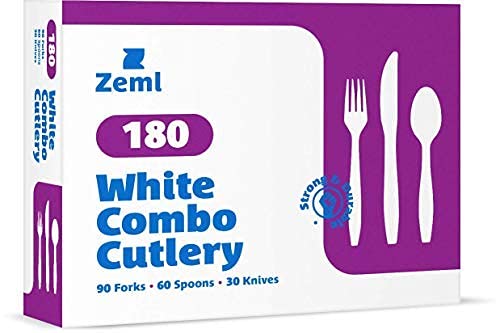 180 Combo Box ZEML White Medium-Weight Disposable Plastic Silverware Cutlery - Utensils