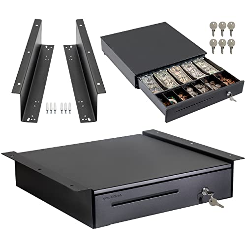 Volcora Cash Register Drawer with Under Counter Mounting Metal Bracket - 16' Black Cash Drawer for POS, 5 Bill 6 Coin Cash Tray, Removable Coin Compartment, 24V RJ11/RJ12 Key-Lock, Media Slot