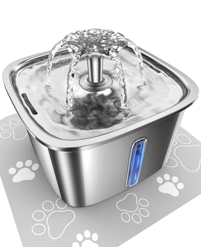Veken Innovation Award Winner Stainless Steel Cat Water Fountain, 95oz/2.8L Automatic Pet Fountain Dog Water Dispenser with Replacement Filters & Silicone Mat for Cats, Dogs, Multiple Pets (Silver)