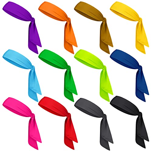 12 Pack Head Tie Headbands for Men Women Ninja Karate Headbands for Kids Adjustable Elastic Bandana Sweatbands Athletic Hair Wrap Bands for Sports Tennis Basketball Running Workout (Bright Color)