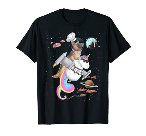 German Shepherd Dog Riding Unicorn Food Space Party Planet T-Shirt