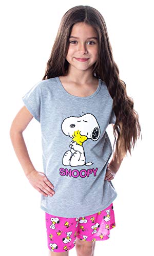 INTIMO Peanuts Girls' Pajamas Snoopy and Woodstock Shirt And Shorts 2 Piece Pajama Set (14/16) Pink