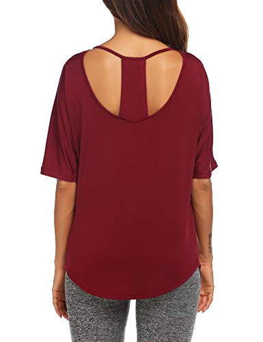 PINSPARK Women Fashion Yoga Shirts Solid Stretchy Athletic Sport Tops Blouses Wine Red XL